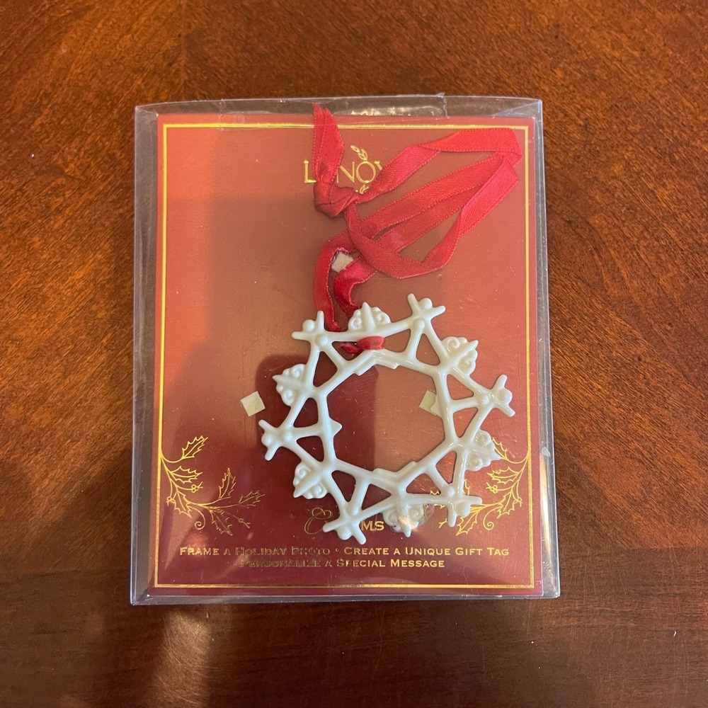 Lenox Holiday Snowflake Ornament With Red Ribbon White Porcelain Photo Frame Gif